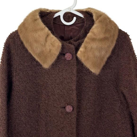 Vtg. 60s Boucle Wool Swing Coat Fur Collar Jackie O Mod Dark Academia Old Money - Picture 3 of 11